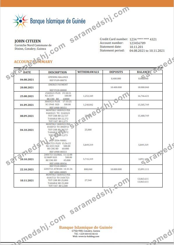 Guinea Banque Islamique de Guinée proof of address bank statement template in Word and PDF format